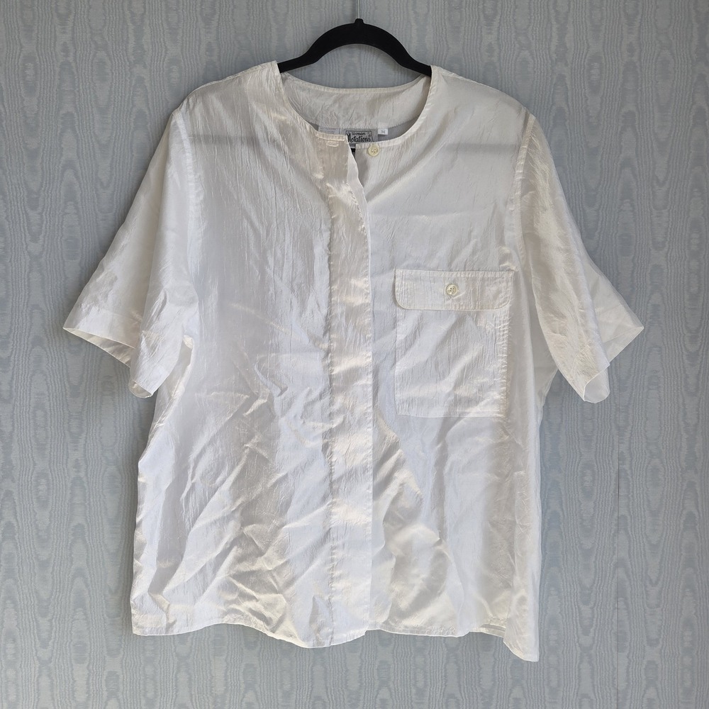Vtg 90s Women's Blouse 16 Button Front Short Sleeve White Crinkle Satin Retro
